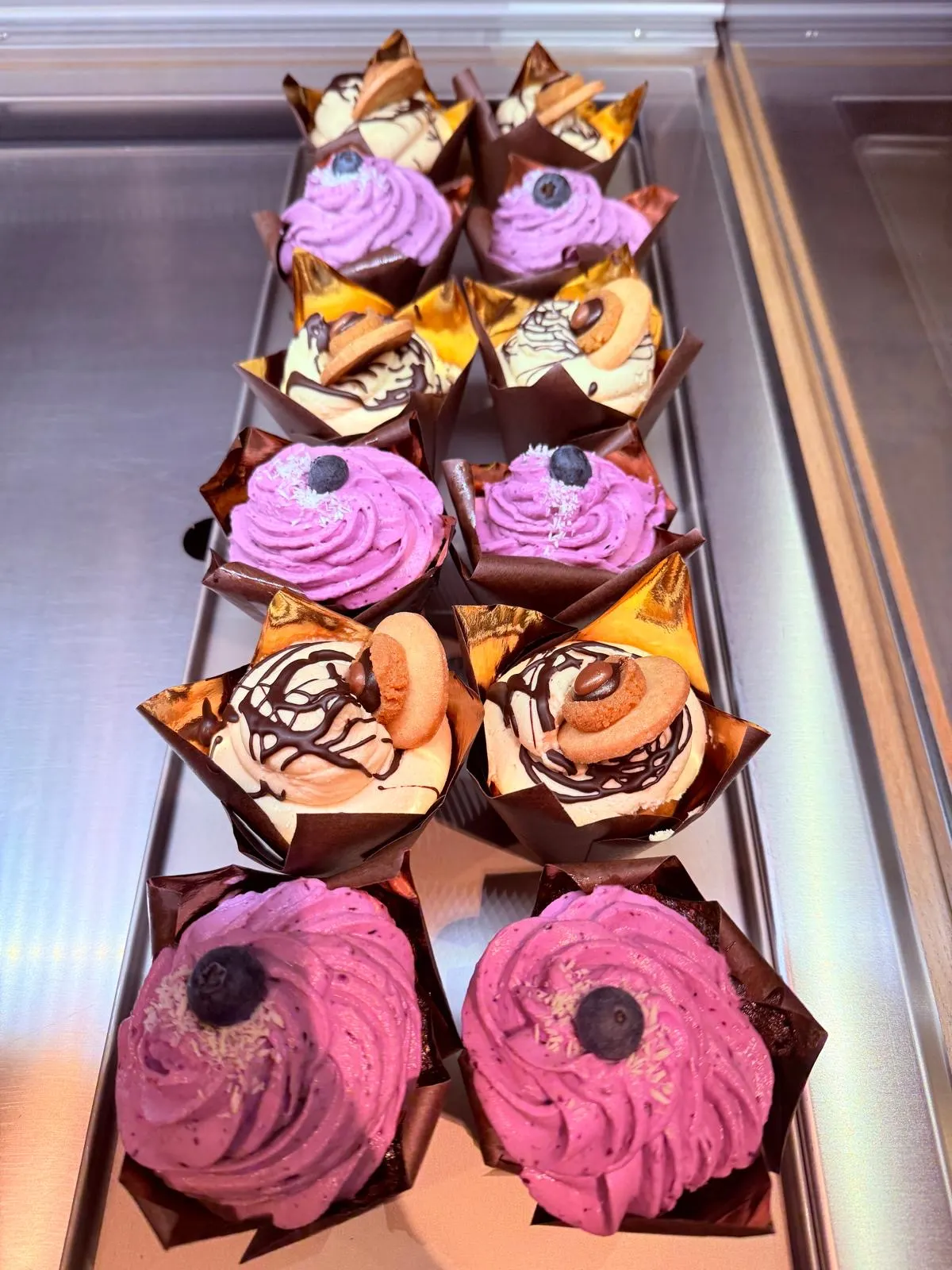 Cupcakes in braunen Förmchen, mit lila Heidelbeercreme oder heller Creme und Kaffeebohne